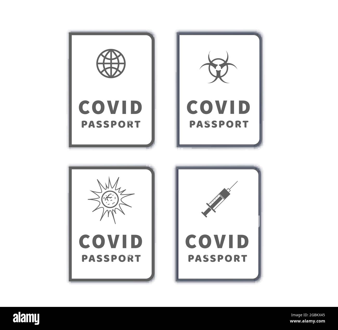 Satz von verschiedenen COVID-19 Impfpässen einfache Symbole auf weiß Stock Vektor