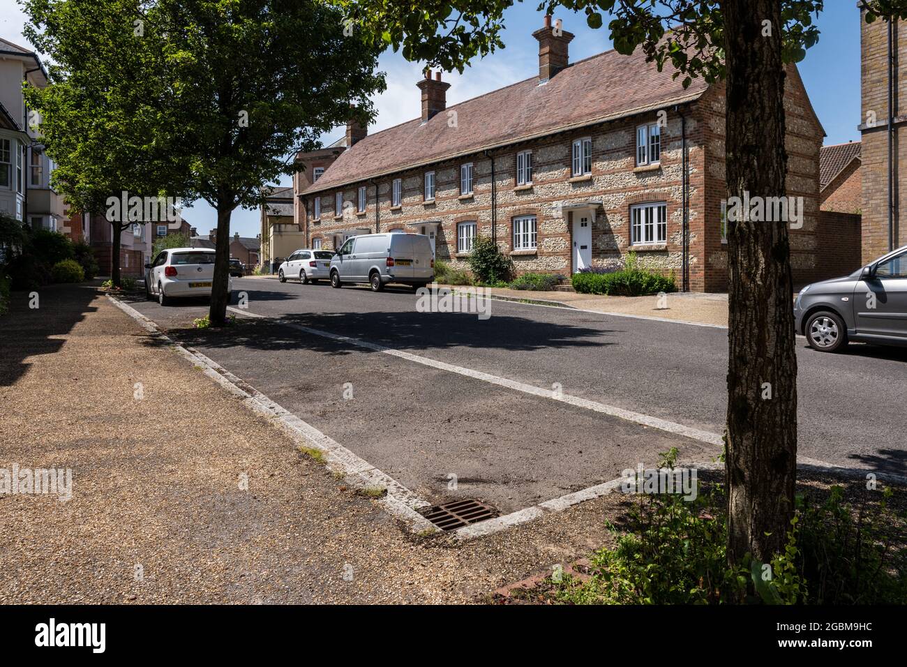 Straßenbäume markieren Parkplätze auf der Straße vor traditionellen, neu erbauten Häusern in der neuen Stadt Poundbury, Dorset. Stockfoto