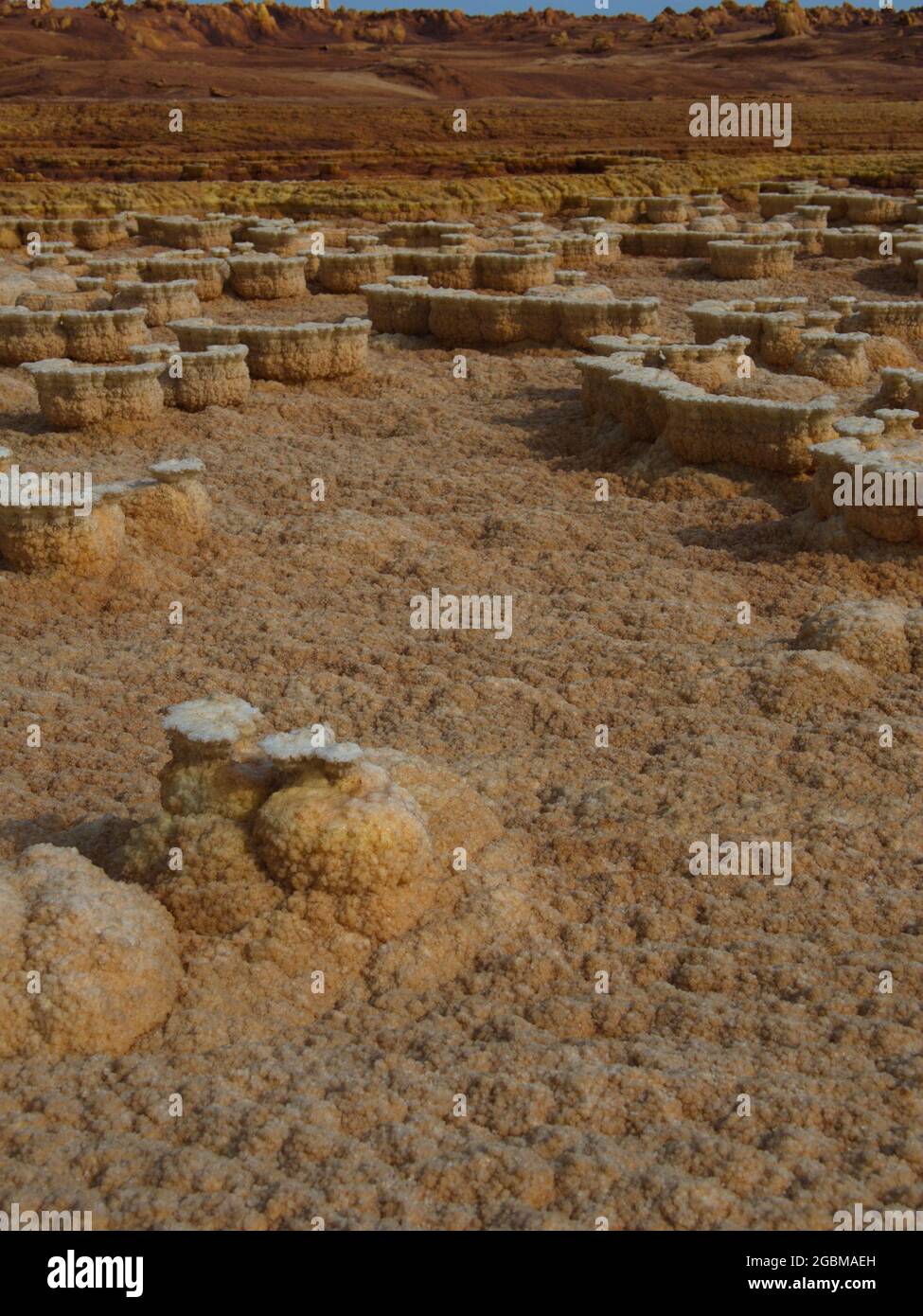 Nahaufnahme von Gesteinsmustern, die eine Mars-ähnliche Landschaft in der Danakil-Depression in Äthiopien bilden. Stockfoto