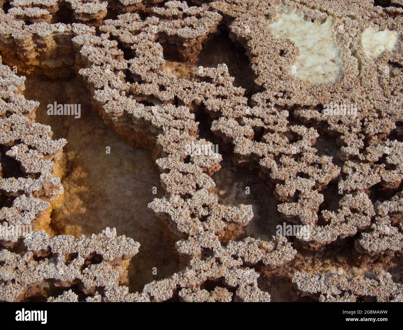 Nahaufnahme von Gesteinsmustern, die einen Hintergrund bilden Mars wie Landschaft Danakil Depression, Äthiopien. Stockfoto