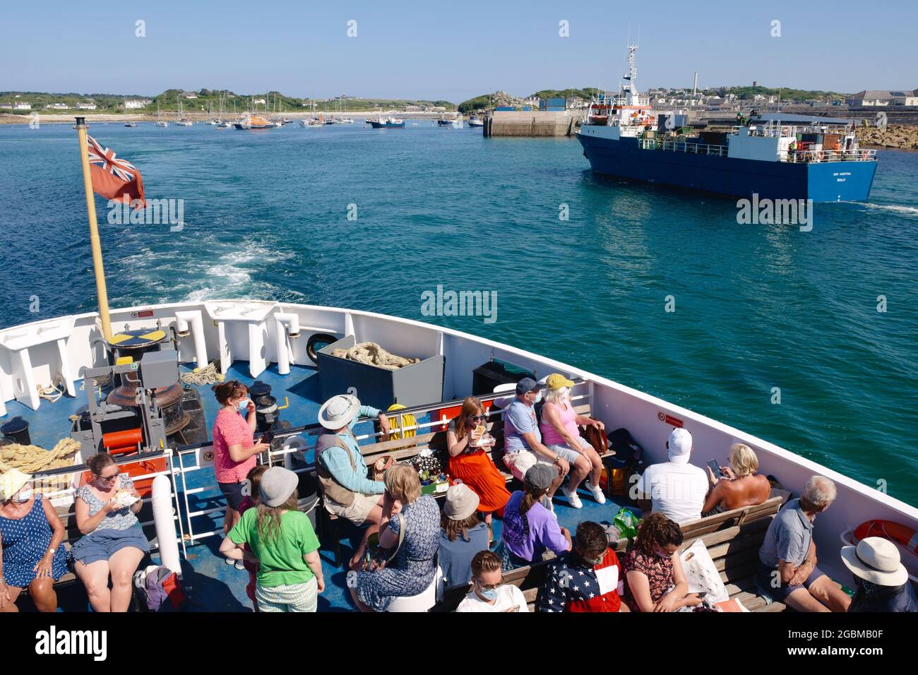 An Bord der Fähre Scillonian III, die St. Mary's Island, Hugh Town Harbour, Isles of Scilly, Cornwall, England, Großbritannien, Juli 2021 Stockfoto