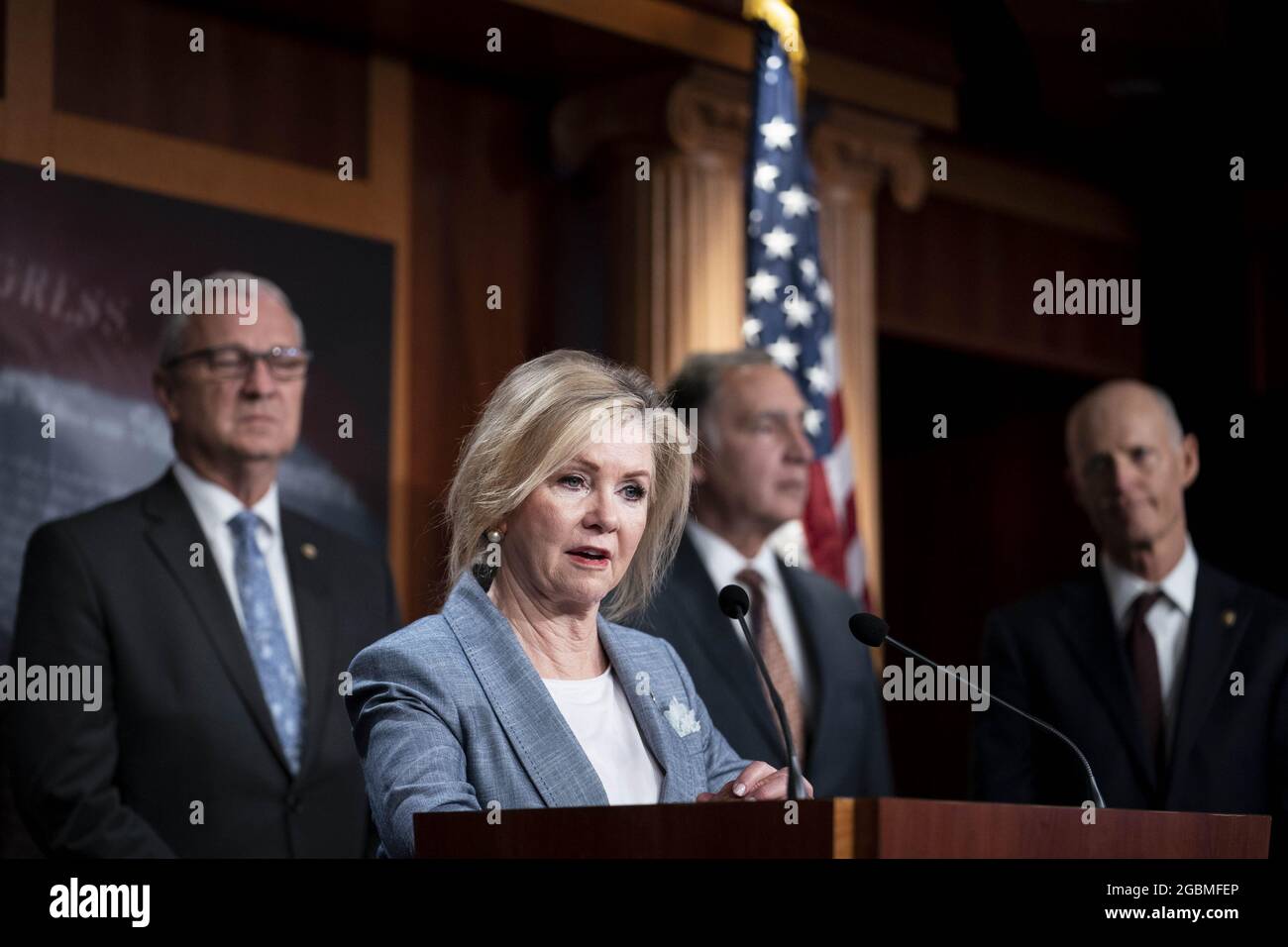 Washington, Usa. August 2021. Senatorin Marsha Blackburn (R-TN) spricht am Mittwoch, den 4. August 2021, während einer Pressekonferenz mit republikanischen Senatoren über höhere Steuern für Mittelschicht-Amerikaner im US-Kapitol in Washington DC. Foto von Sarah Silbiger/UPI Credit: UPI/Alamy Live News Stockfoto