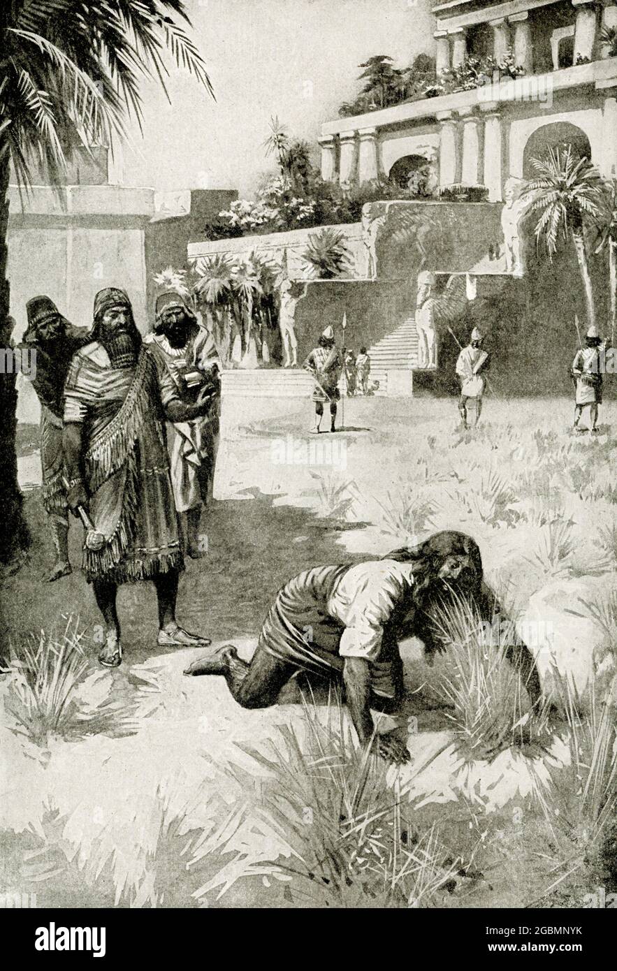 Wahnsinn des Königs Nebukadnezar. Obwohl Nebukadnezar durch seine Fähigkeit und seine militärische Fähigkeiten Babylonia in die Position des ersten Reiches der Welt zurückbrachte, gab sein Geist nach und wurde eine Zeit lang ein Tier des Feldes. Er wollte ein Tier sein und verbrachte seine Tage auf dem Gelände des Palastes und versuchte, sich vom Gras zu ernähren. Der Prophet Daniel, der uns von diesem Wahnsinn erzählt, sagt: „Er wurde von den Menschen vertrieben und aß Gras wie Ochsen, und sein Körper war vom Tau des Himmels nass, bis seine Haare wie Adlerfedern und seine Nägel wie Vogelkrallen gewachsen waren. Nebukadnezar war König von Babylo Stockfoto