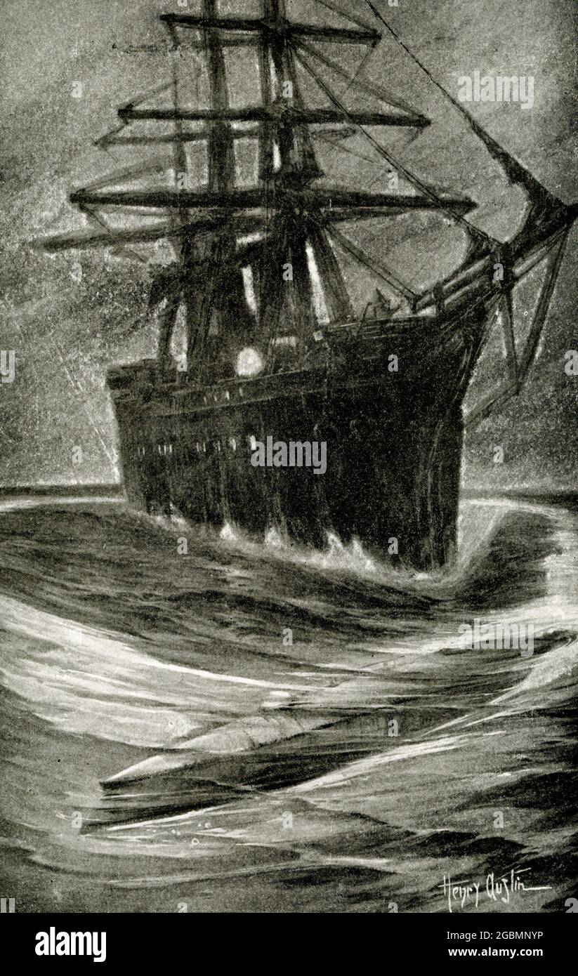 In der Überschrift von 1912 heißt es: „Hidden Terror of Seas das wunderbare U-Boot, das von Kapitän Nemo erfunden und kommandiert wurde, umkreiste den Krieg wie ein Raubtier, das sein Opfer angreifen und mit ihm spielen will, bevor es den Todesstoß versetzt.“ Captain Nemo ist eine fiktive Figur des französischen Schriftstellers Jules Verne. Nemo erscheint in zwei von Vernes Science-Fiction-Klassikern, Twenty Thousand Leagues Under the Seas und The Mysterous Island. Er tritt auch in einem Theaterstück auf, an dem Verne vielleicht mitgewirkt hat, Journey through the Impossible. Stockfoto