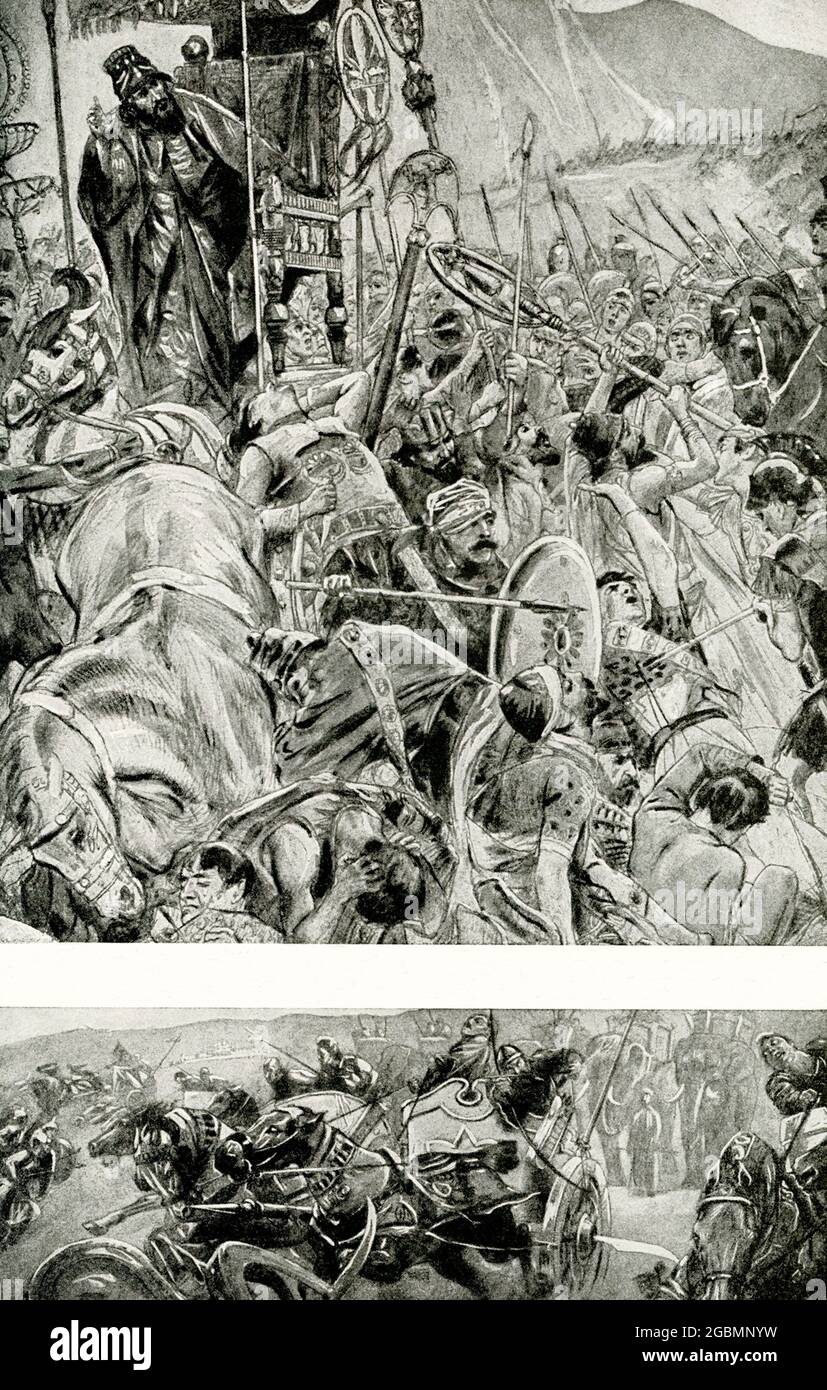 Die 1912 Überschrift lautet: „Flug des persischen Königs Darius. Alexander der große besiegte in der Schlacht von Issus eine riesige persische Armee, und auf diesem Bild (oben) sehen wir Darius, den persischen König, der in seinem Wagen, der fast von Griechen umgeben ist, auf der Flucht ist. Er war so zuversichtlich, dass er seine Familie auf das Schlachtfeld gebracht hatte, um die Niederlage der Griechen zu sehen. Unten. Die Wagen der Parser hatten mit riesigen Messern, die an den Rädern befestigt waren, ihren Feinden stets Schrecken einflößt; aber die Griechen machten sie nutzlos, indem sie die Pferde und die Fahrer mit Pfeilen und Javelins verwundeten. Stockfoto