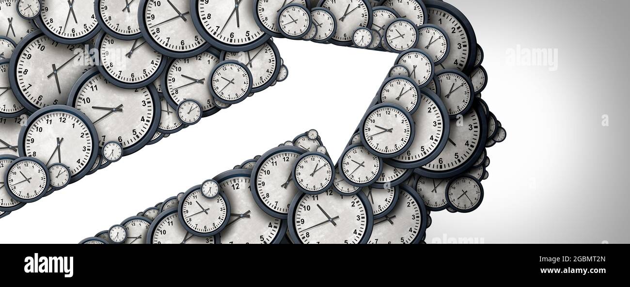 Verwalten der Zeitstrategie Pfeilkonzept und Zeitplan Denken als eine Gruppe von Uhrobjekten geformt wie ein menschlicher Kopf für geschäftliche Pünktlichkeit. Stockfoto