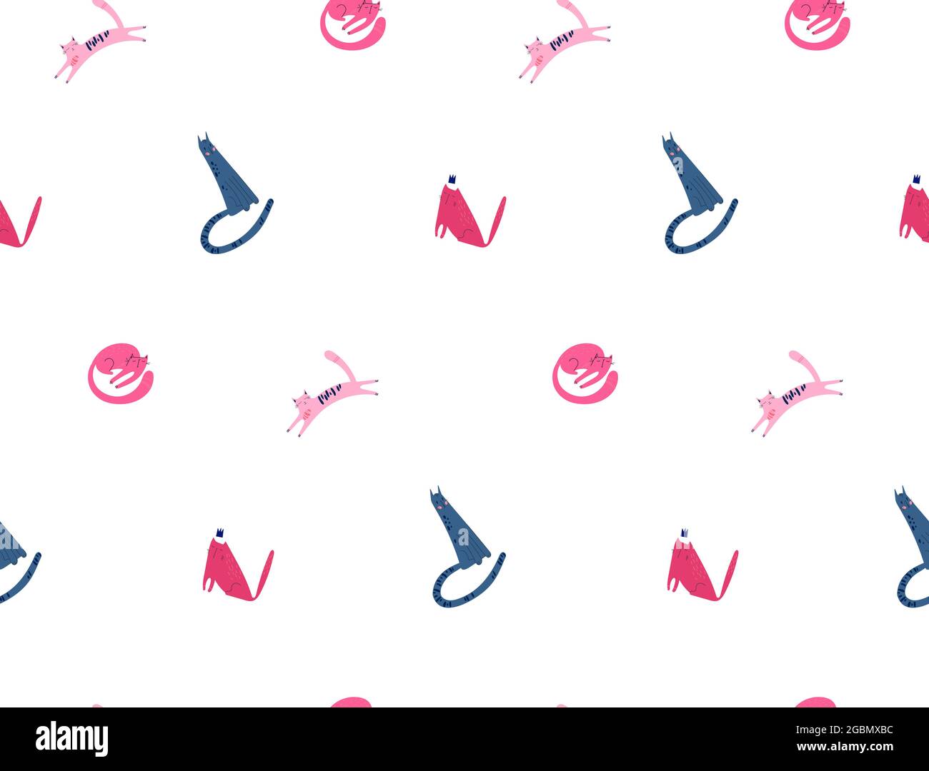 Modischer Nahtlosdruck mit bunten Katzen. Muster von Kätzchen im Vektor-Stil im Doodle-Stil gezeichnet. Für Druck, Fabriktextilien, Aufkleber, Plakate, Karten, t-Shirts, Tapeten. Isoliert auf einem weißen Stock Vektor