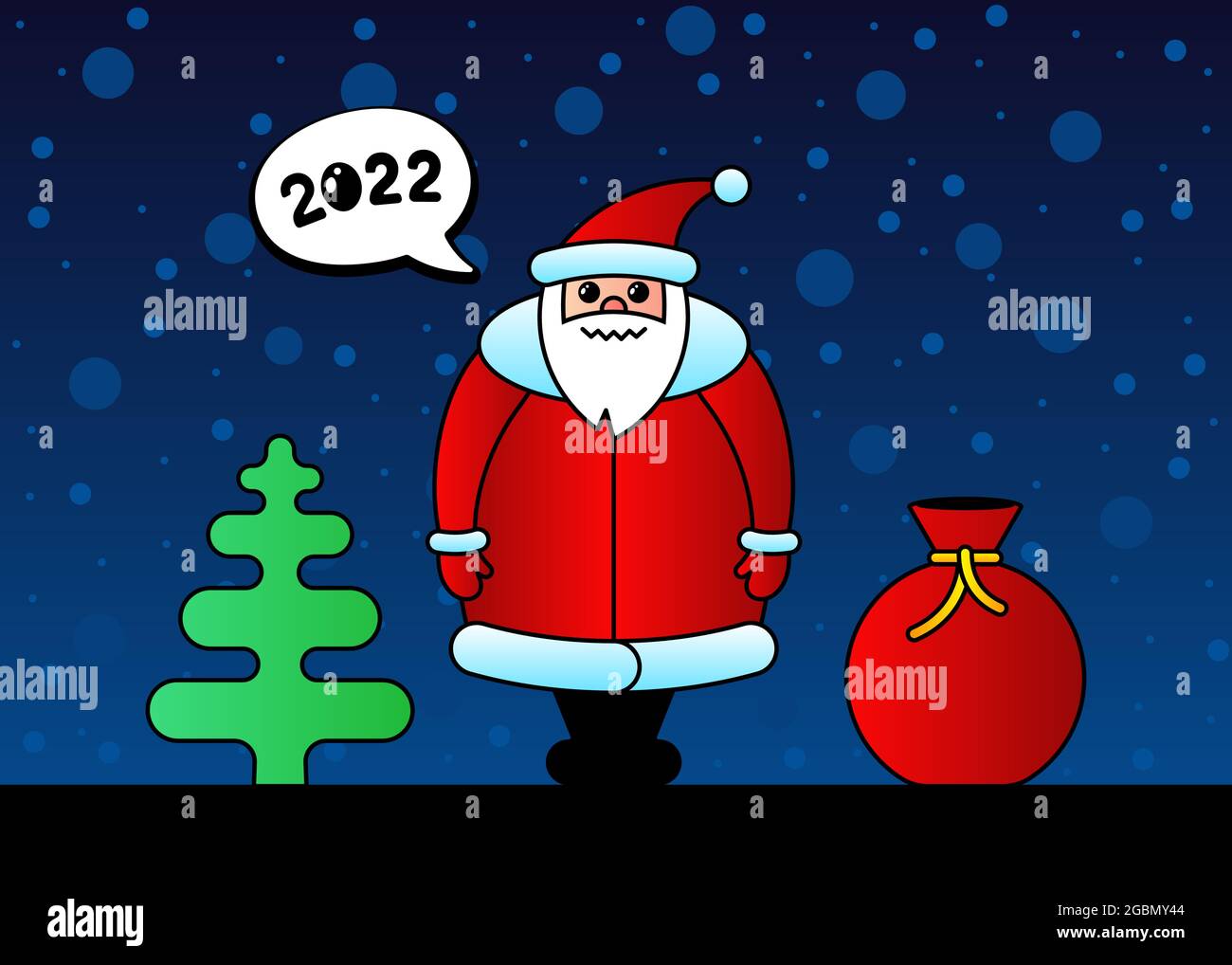 Nette Cartoon lustige kawaii Weihnachtsmann Charakter für Weihnachten und Happy New Year 2022 Feier. Geschenktüte Fichte und Schnee in der Nacht süße Winterurlaub Grußkarte. Vektorgrafik eps Stock Vektor
