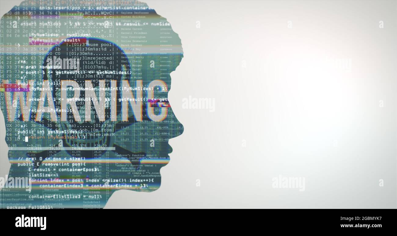 Abbildung einer menschlichen Figur mit Code und „Warnung“ vor weißem Hintergrund Stockfoto