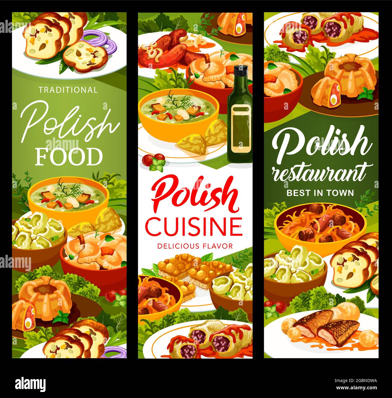 Banner für polnische Küche mit Mahlzeiten. Kohlrollen in Tomatensauce, Wurst und Fleischbrot, Bigos, Kalduny und Faramushka Suppe, Karpfen, Haselnuss Mazurka und m Stock Vektor