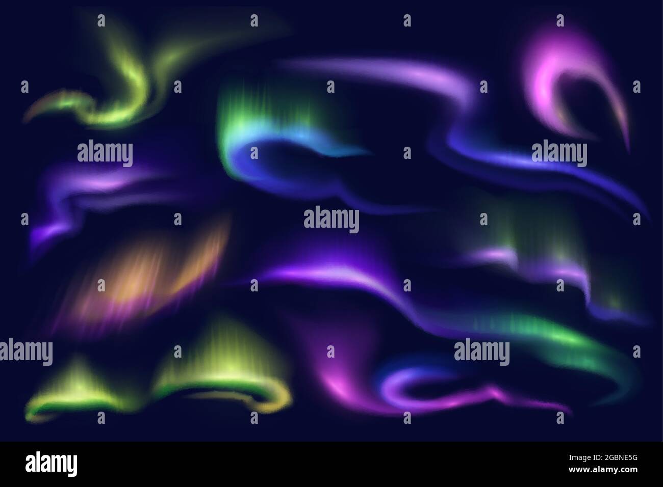 nordpolarlichter aurora borealis oder borealer Nordhimmel leuchten, Vektor. Nordlicht der Polarlichter Aurora borealis mit transparentem Effekt und Gefälle, wi Stock Vektor