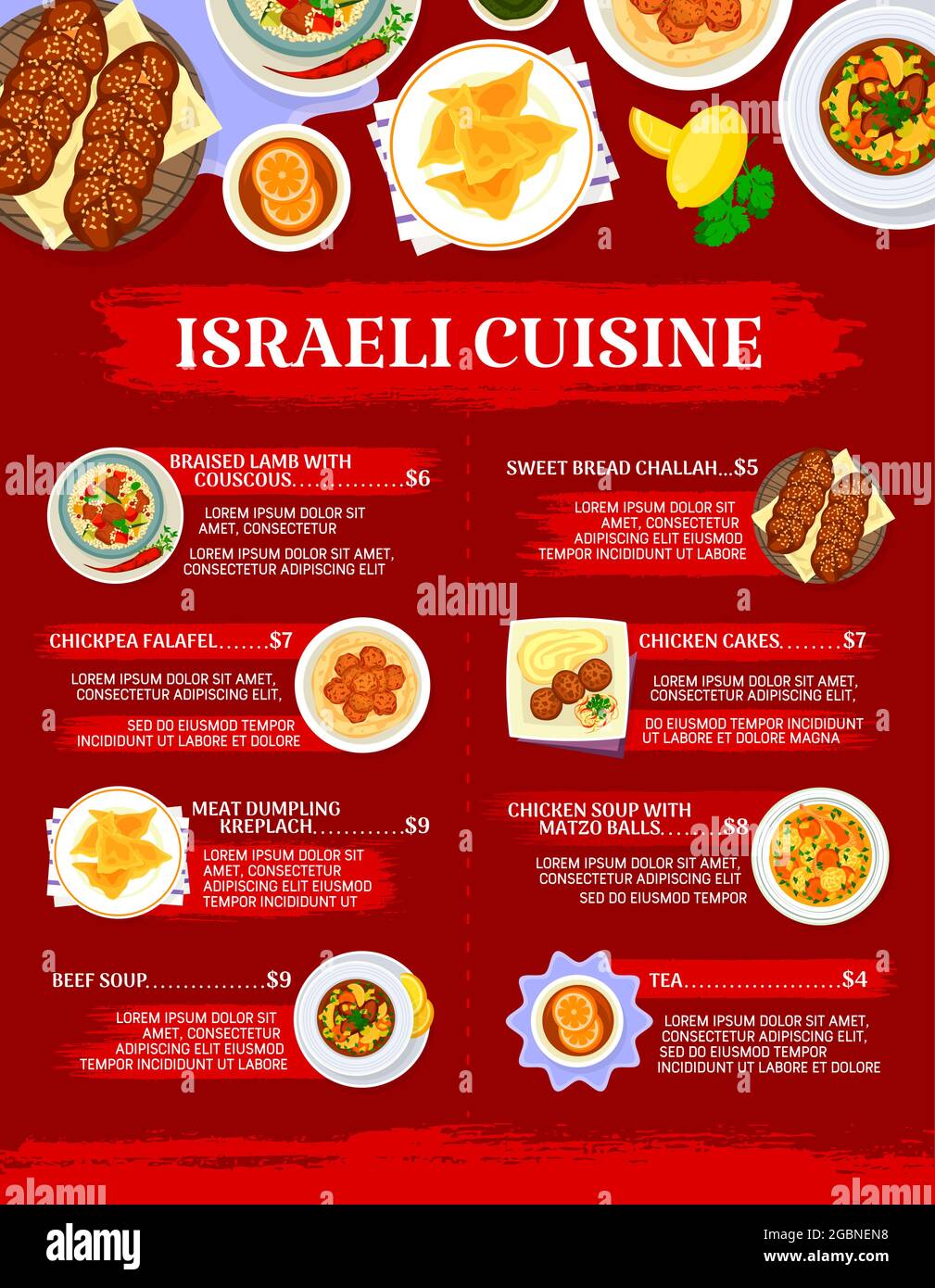 Israelische Küche Restaurant-Menü-Vektor-Vorlage. Fleisch- und Gemüsegerichte, jüdische Brotchallah. Hühnchen-Kuchen und Suppe mit Matzo-Kugeln, Kichererbsen fa Stock Vektor