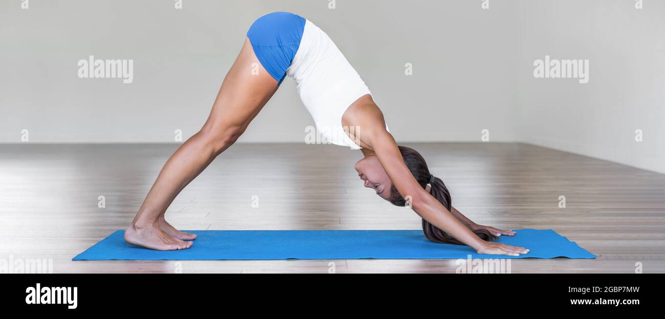 Yoga nach unten Hund Stretching Pose Mädchen üben Yoga drinnen auf Übungsmatte im Fitness-Studio Panorama Header Banner Stockfoto