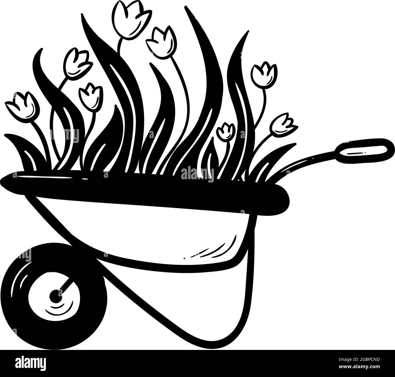 Handgezeichnete Doodle Tulpen Blumen in Garten Schubkarre isoliert auf weißem Hintergrund Vektor-Illustration. Zeichnungslinie einfaches Schubkarren-Symbol. Niedliche Skizze für Gartengeschäft Logo, Typografie-Karten-Design. Stock Vektor