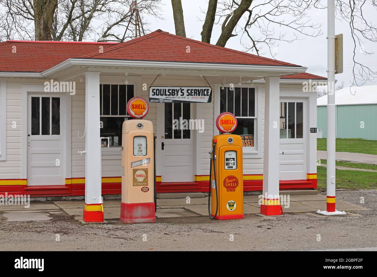 Geographie / Reisen, USA, Illinois, Mt. Olive, Soulsby's Tankstelle, Route 66, Mt. Olive, Illinois, ZUSÄTZLICHE-RIGHTS-CLEARANCE-INFO-NOT-AVAILABLE Stockfoto