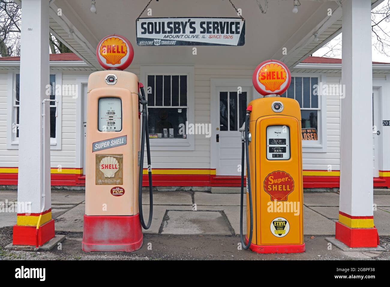 Geographie / Reisen, USA, Illinois, Mt. Olive, Soulsby's Tankstelle, Route 66, Mt. Olive, Illinois, ZUSÄTZLICHE-RIGHTS-CLEARANCE-INFO-NOT-AVAILABLE Stockfoto