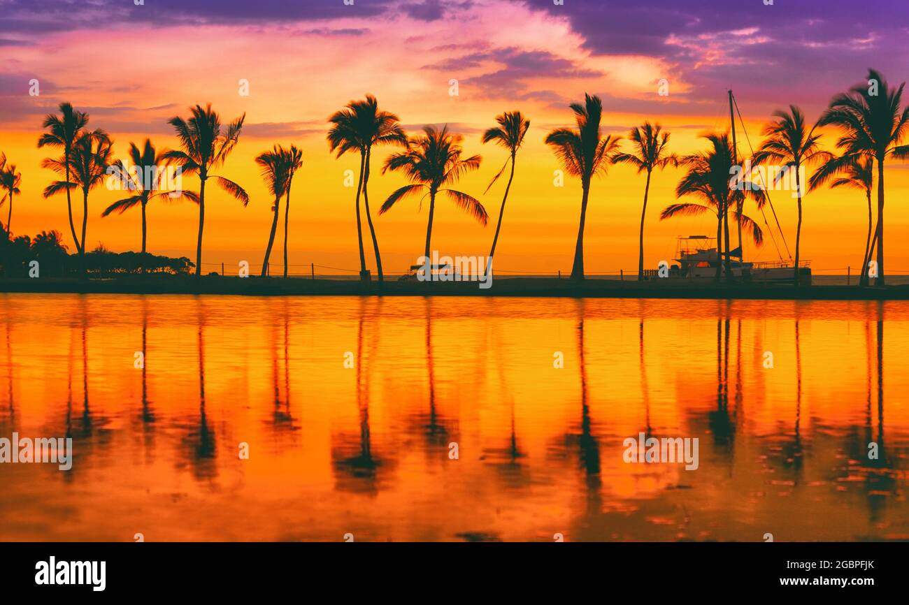 Paradies Strand Reiseziel auf karibische Insel, Sommerurlaub Traum Hintergrund von Palmen Silhouette Reflexion auf ruhigen Wasser Meer Panorama Stockfoto