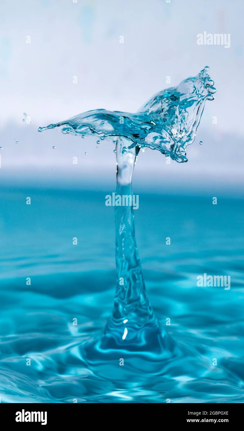 Blue Water Drop-Kollision fliegt hoch Stockfoto