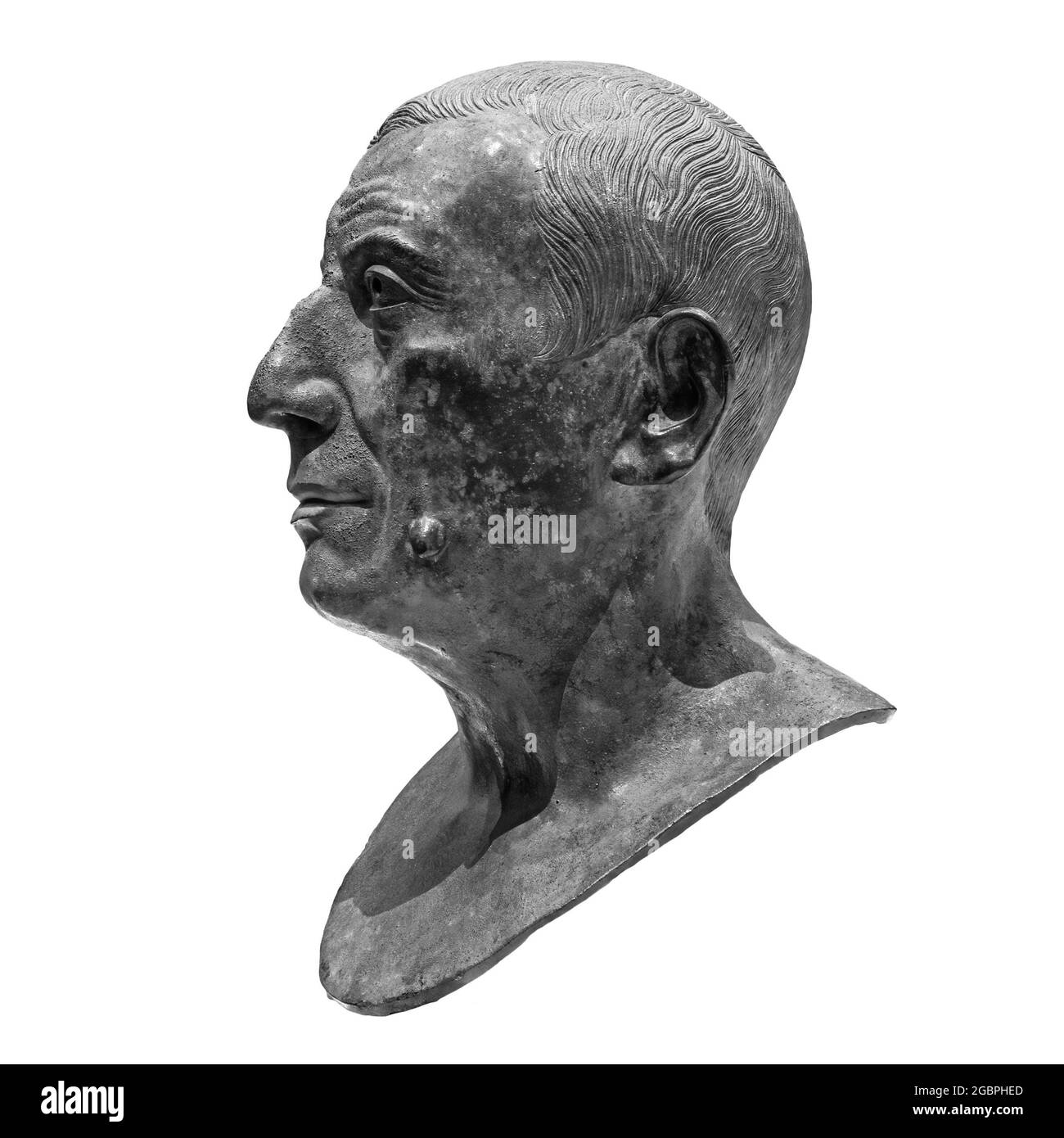 Kopie der antiken Statue Lucius Caecilius Iucundus. Kopf- und Schulterdetail der antiken Mann-Skulptur. Antike Gesichtsstatue isoliert auf weiß Stockfoto