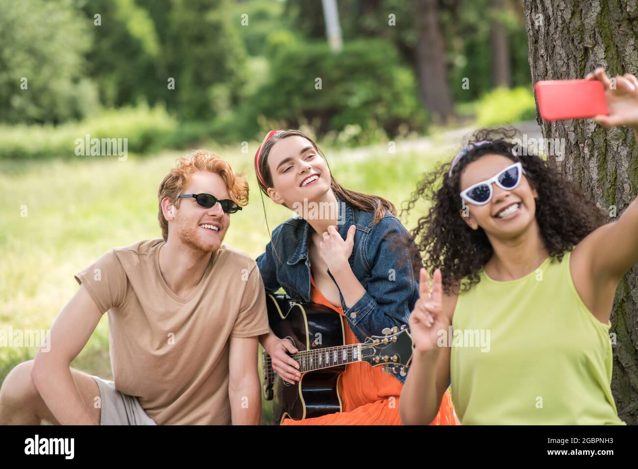 Freunde, die beim Picknick Selfie auf dem Smartphone machen Stockfoto