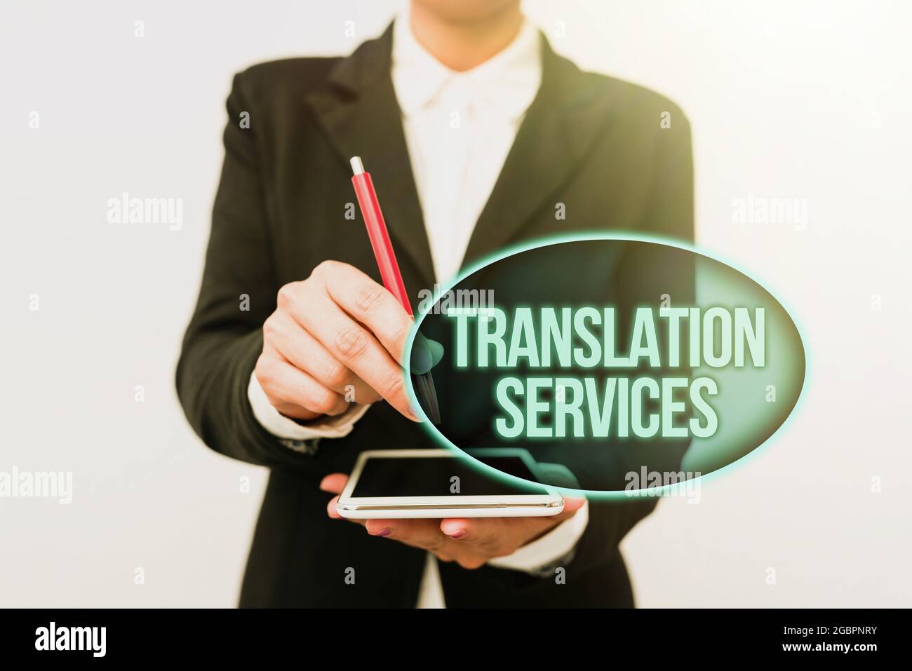 Textunterschrift mit Übersetzungsdienstleistungen. Internet-Konzept-Organisation, die zeigen, um Rede präsentieren neue Technologie-Ideen zu übersetzen Stockfoto