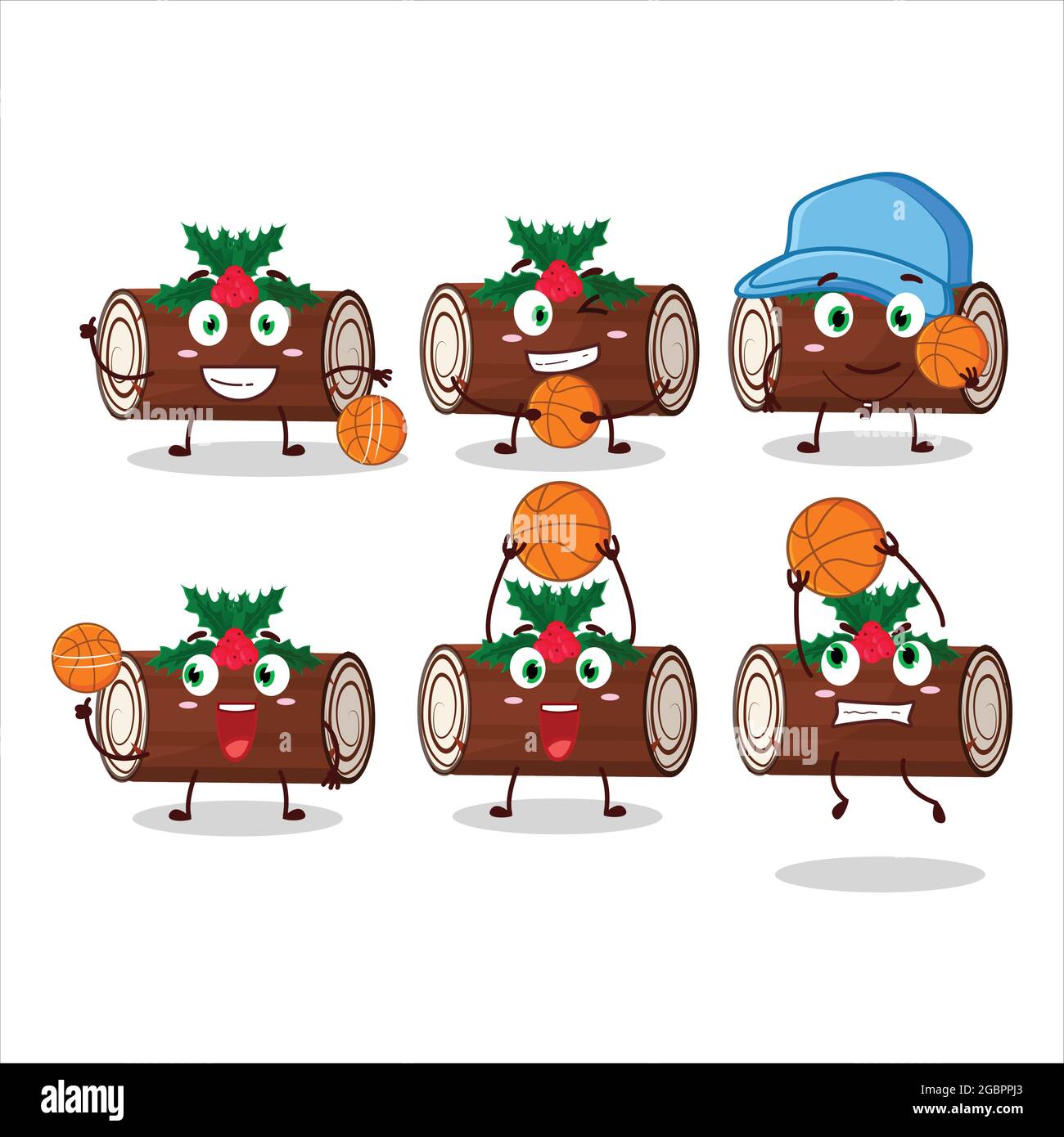 Talentierte Kuchen Zimt Rolle weihnachten Cartoon-Figur als Basketball-Sportler. Vektorgrafik Stock Vektor