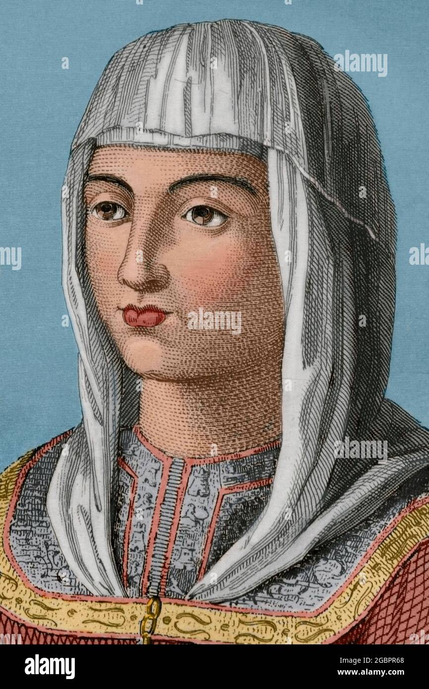 Joanna von Kastilien (bekannt als Joanna der Mad) (1479-1555). Königin von Kastilien (1504-1555) und Aragon (ab 1516), Tochter der Katholischen Könige. Ehefrau von Philipp dem Schönen. Porträt, Detail. Stich von Antonio Roca Sallent. Spätere Färbung. Las Glorias Nacionales, 1853. Stockfoto