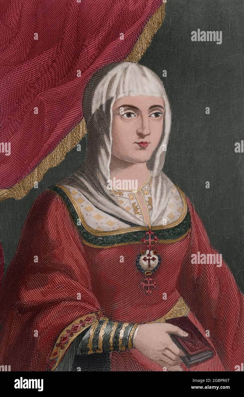 Isabella I. (1451-1504). Königin von Kastilien (1474-1504). Königin Gemahlin von Aragon für ihre Ehe mit Ferdinand II. Von Aragon. Hochformat. Stich von Antonio Roca Sallent. Las Glorias Nacionales, 1853. Spätere Färbung. Stockfoto