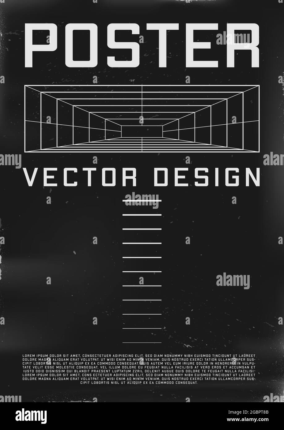 Retrofuturistisches Plakatdesign mit perspektivischem Tunnel. Cyberpunk 80s-Poster mit perspektivischem rechteckigem Tunnel. Schäbige, zerkratzte Flyer-Vorlage Stock Vektor
