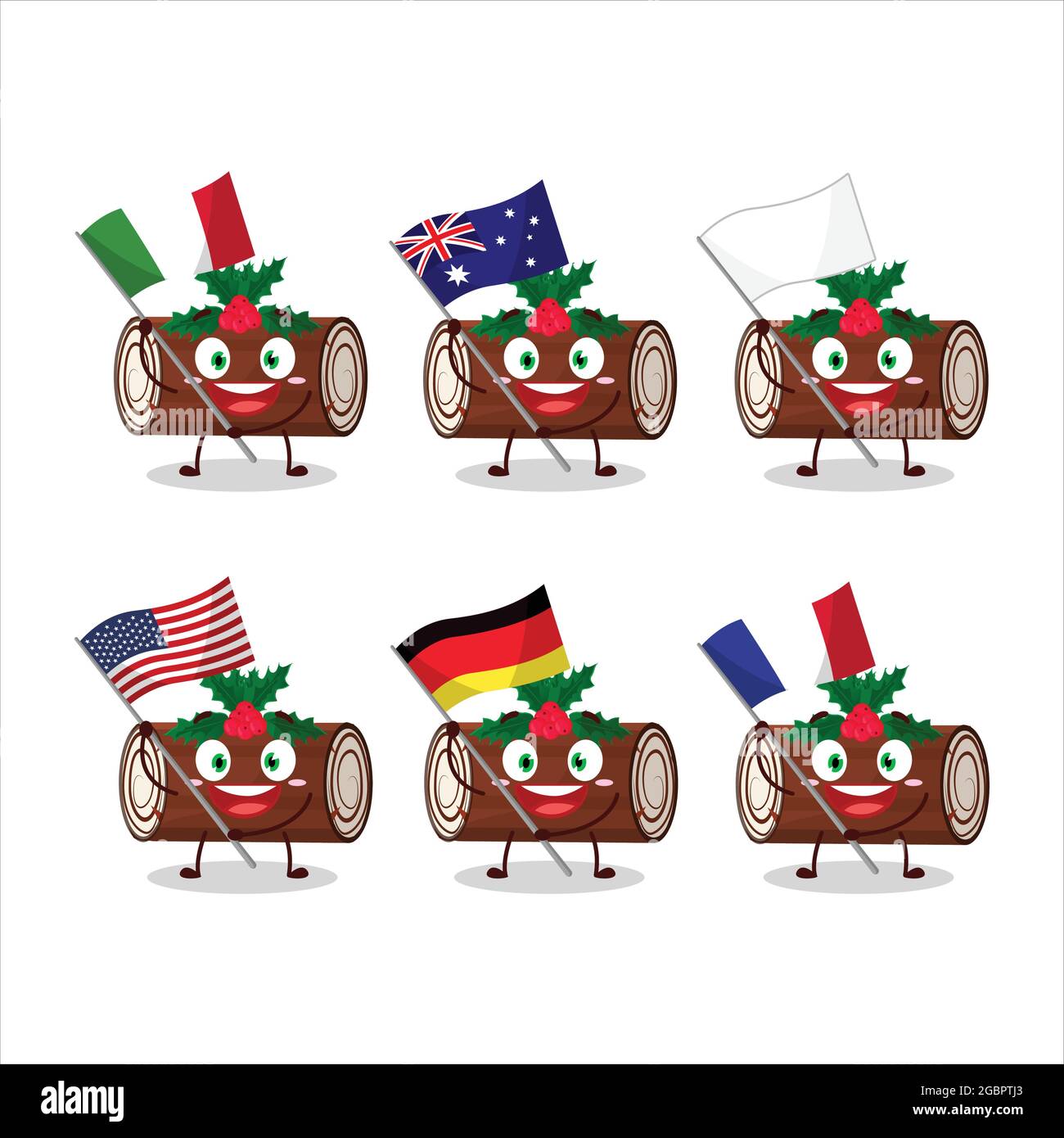 Kuchen Zimt Rolle weihnachten Cartoon-Figur bringen die Flaggen der verschiedenen Länder. Vektorgrafik Stock Vektor