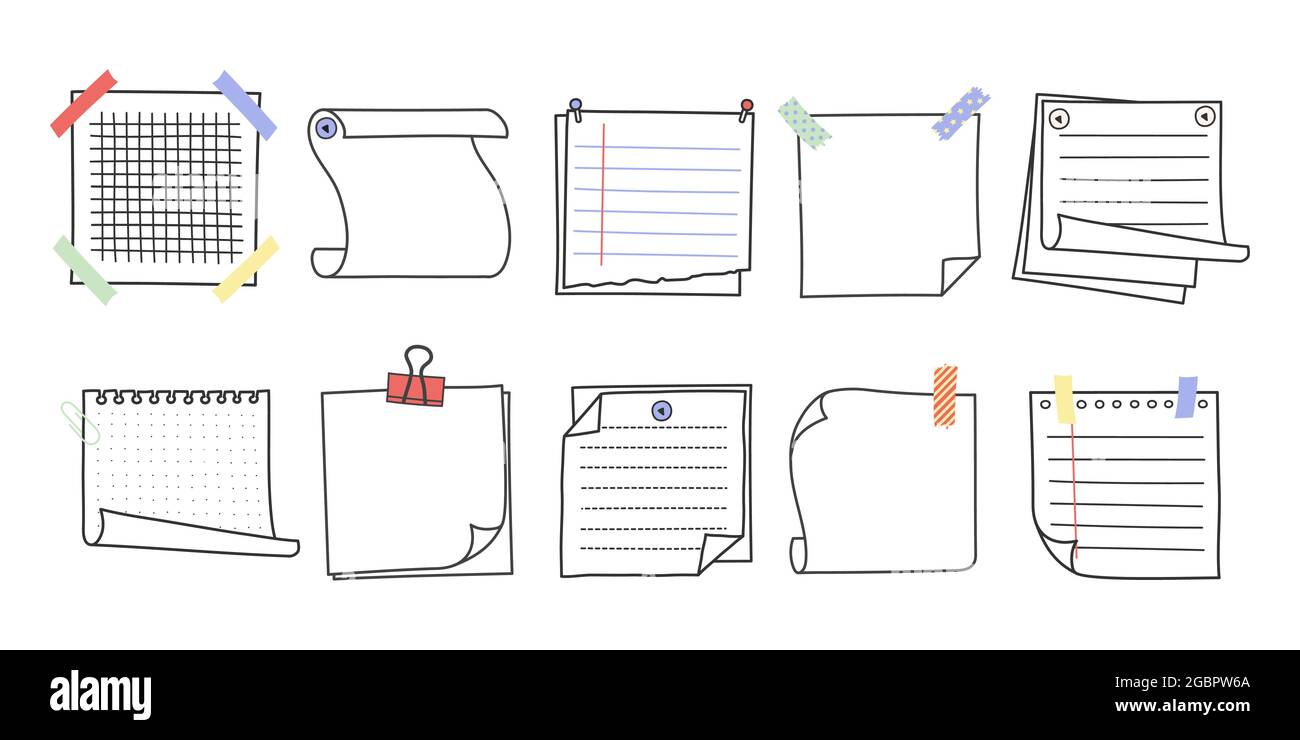 Doodle handgezeichnete Memonotizen und Erinnerungen Vektorgrafik Set. Stock Vektor