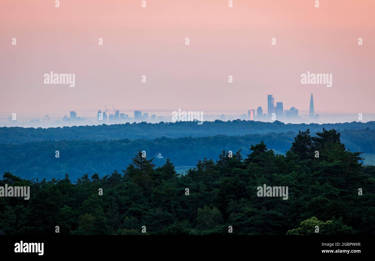 Von der Spitze des Leith Hill auf den Surrey Hills im Südosten Englands aus hat man einen Blick in die Londoner Skyline im Morgengrauen während des Sonnenaufgangs im Juli Stockfoto