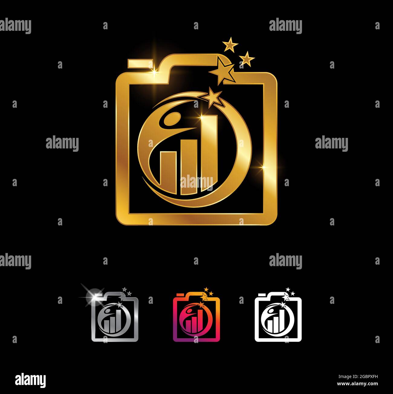 Ein Vektor Illustration Set von Erfolg Wachstum Foto Sign in schwarzem Hintergrund mit Gold und Silber Glanz-Effekt Stock Vektor