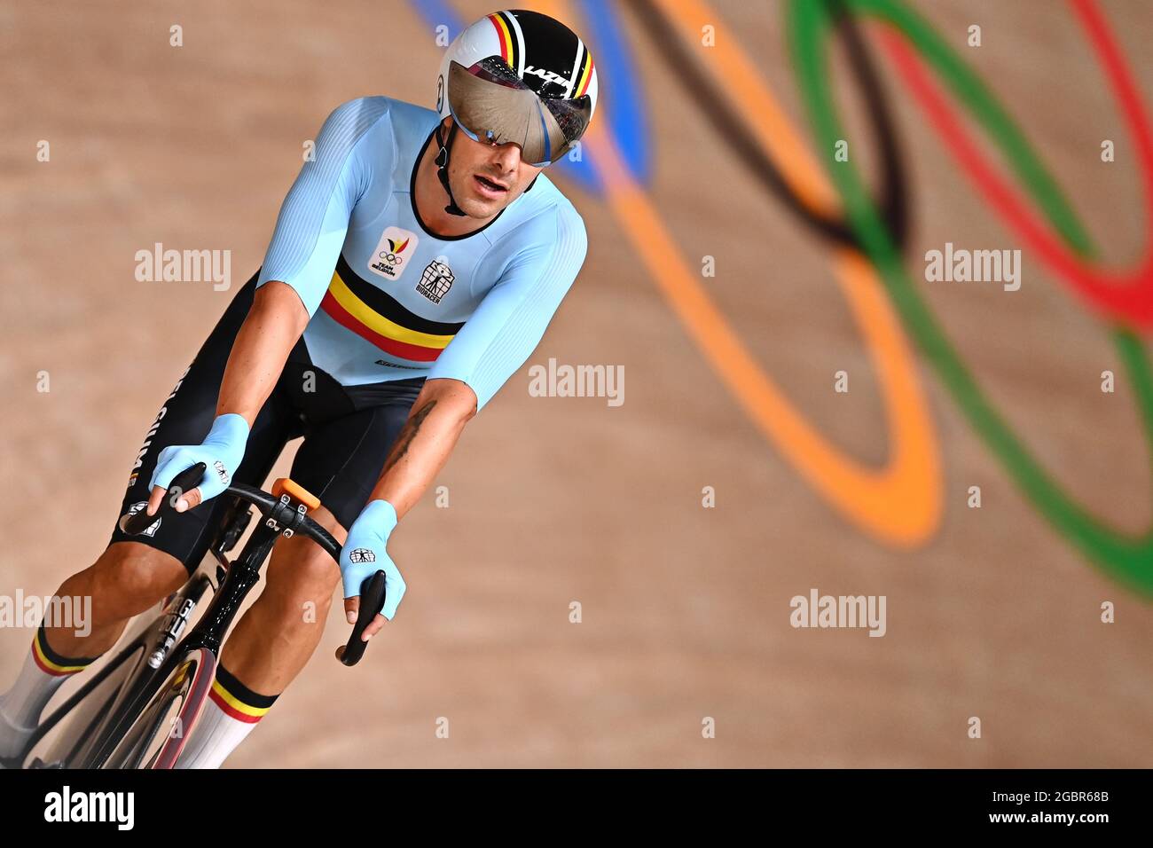 Der belgische Rennradfahrer Kenny De Ketele wurde beim Ausscheidungsrennen, dem dritten Teil des Omnium-Radrennens der Männer, am 14. Tag der „Tok“ ausgeschieden Stockfoto