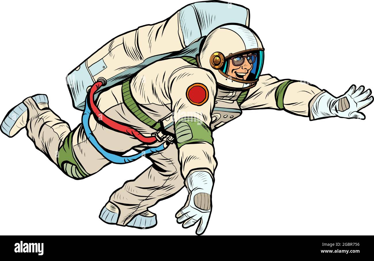 Ein glücklicher Astronaut fliegt in Schwerelosigkeit, isoliert auf weißem Hintergrund. Kosmos Stock Vektor