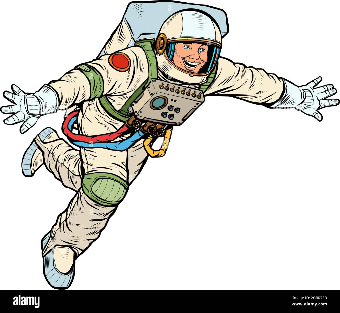 Ein glücklicher Astronaut fliegt in Schwerelosigkeit, isoliert auf weißem Hintergrund. Kosmos Stock Vektor