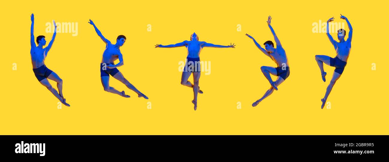 Tanz der Gefühle. Erstaunliche Leistung eines flexiblen männlichen Balletttänzers, der isoliert auf gelbem Hintergrund trainiert. Konzept von Kunst, Schönheit, Aspiration Stockfoto