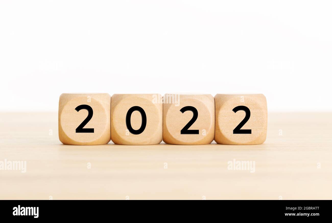 2022 Jahre Konzept. Holzblöcke mit Text auf dem Tisch. Speicherplatz kopieren Stockfoto