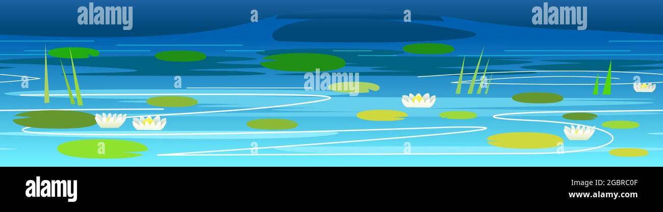 Wasser in einem Fluss oder See. Wellenfluss. Dunkler Horizont. Seerosen mit Blumen und Blättern. Nahtloser horizontaler Illustrationsvektor Stock Vektor