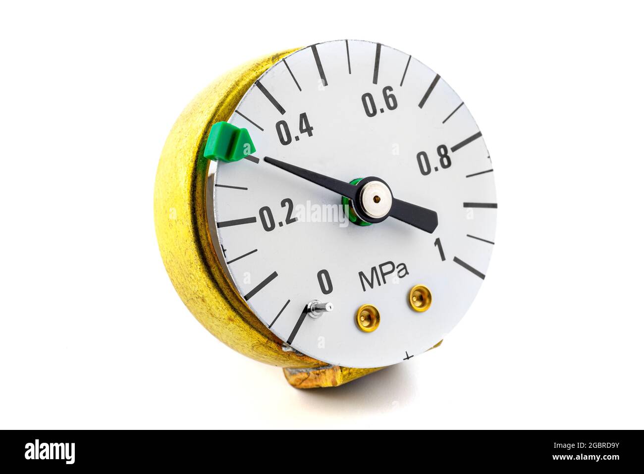 Manometer mit einer Skala von bis zu 1 MPa mit einem Druck von 0.3 MPa ohne Gehäuse mit sichtbarem Kupferinnenraum, isoliert auf weißem Hintergrund. Stockfoto Manometer mit einer Skala von bis zu 1 MPa mit einem Druck von 0.3 MPa ohne Gehäuse mit sichtbarem Kupferinnenraum, isoliert auf weißem Hintergrund. Stockfoto