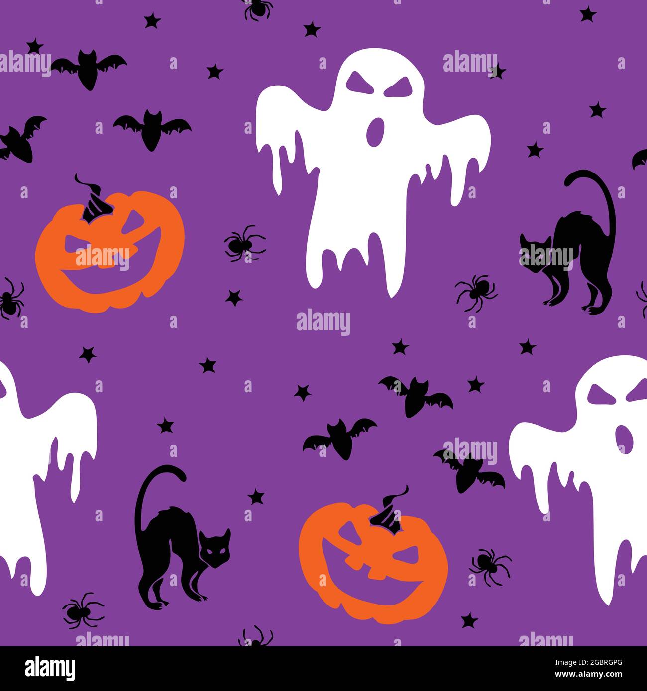 Nahtloses Vektor-Muster mit schwarzen Katzen und Kürbis auf violettem Hintergrund. Halloween Tapetendesign mit Spinnen und Sternen. Stock Vektor