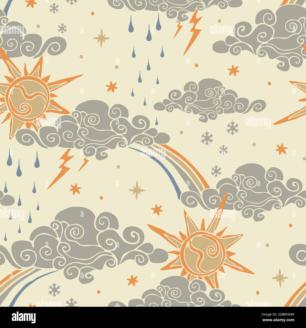 Nahtloses Vektormuster mit Sonne und Wolken auf gelbem Hintergrund. Einfache künstlerische Wetter Tapete Design. Dekorative Sommer Himmel Mode Textil. Stock Vektor