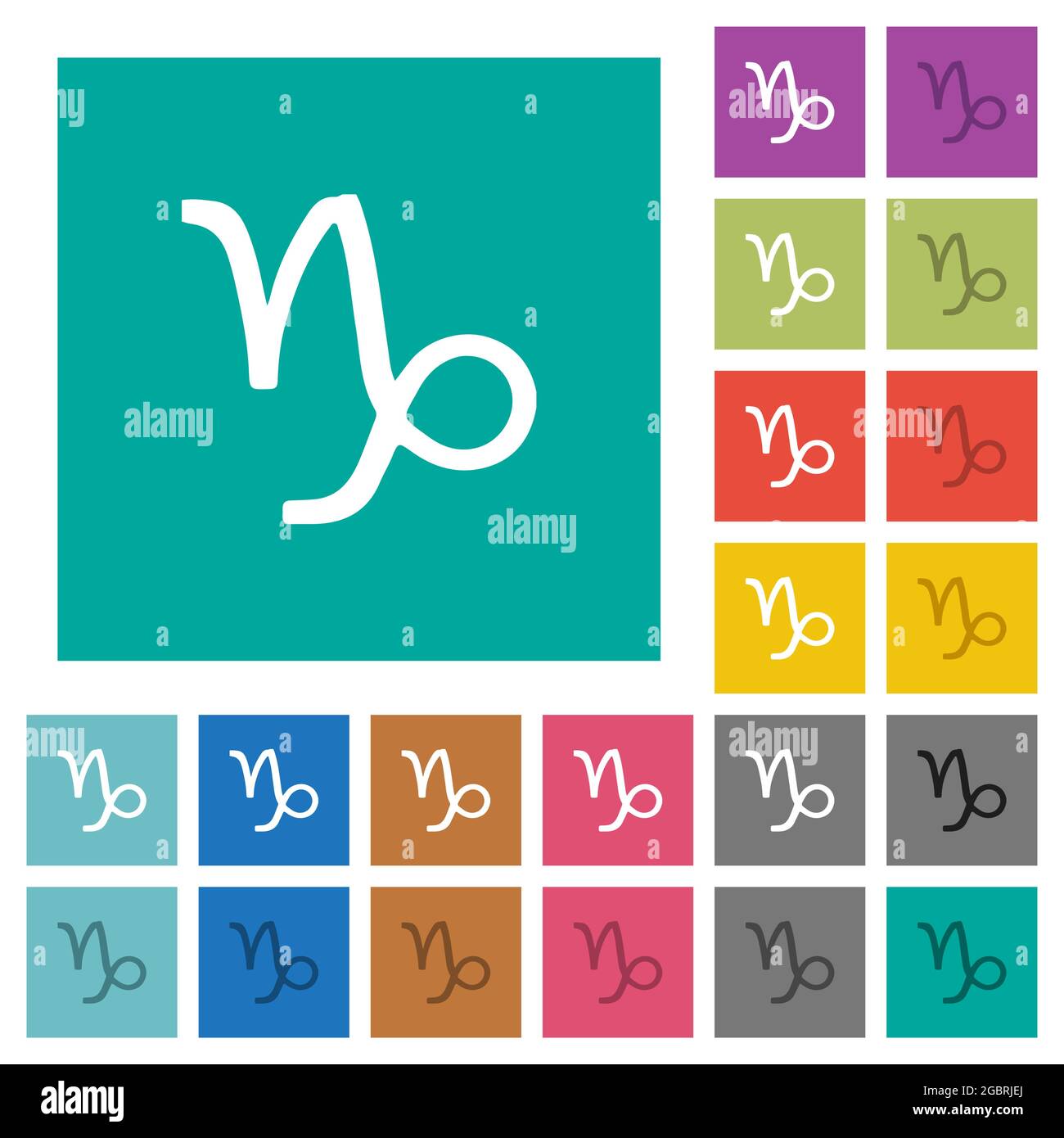 Steinbock Tierkreis Symbol mehrfarbige flache Symbole auf einfachen quadratischen Hintergründen. Weiße und dunklere Symbolvarianten für schwebe- oder aktive Effekte. Stock Vektor