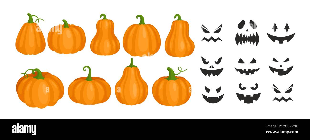 Halloween Kurbisse Und Lachelnde Gruselige Geistergesichter Mit Gruseligen Zahnen Geschnitzten Schwarzen Gesichtern Stock Vektorgrafik Alamy