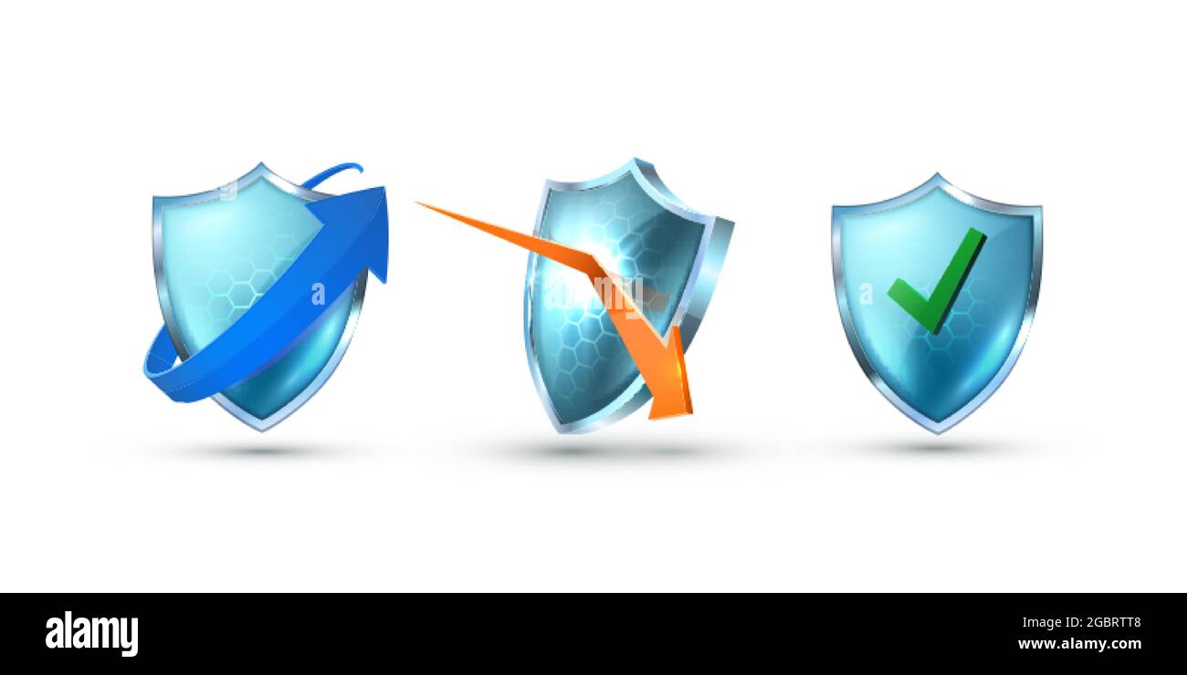 Realistische Glas Schutzschild Symbole mit Pfeil und Tick Konzept-Set . Stock Vektor