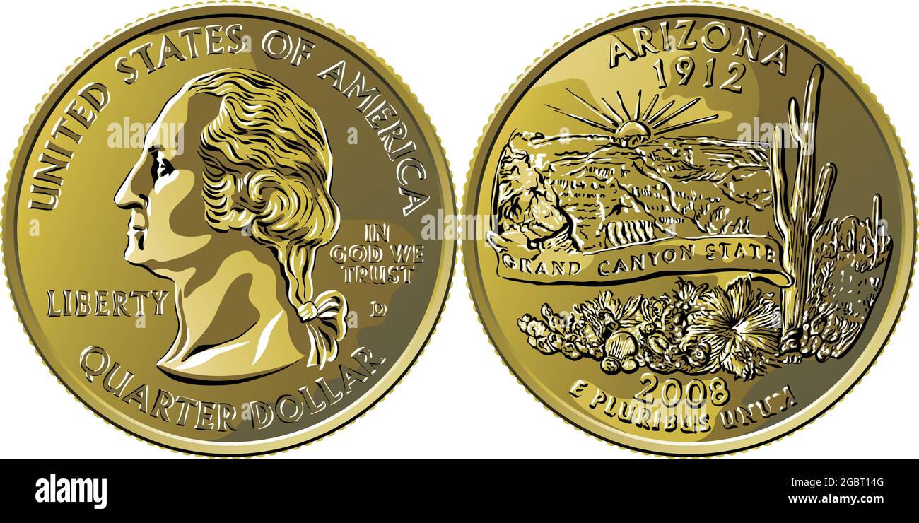 Amerikanisches Geld, USA Washington Vierteldollar Arizona oder 25-Cent-Silbermünze, George Washington auf der Vorderseite, Grand Canyon, saguaro-Kaktus auf der Rückseite Stock Vektor