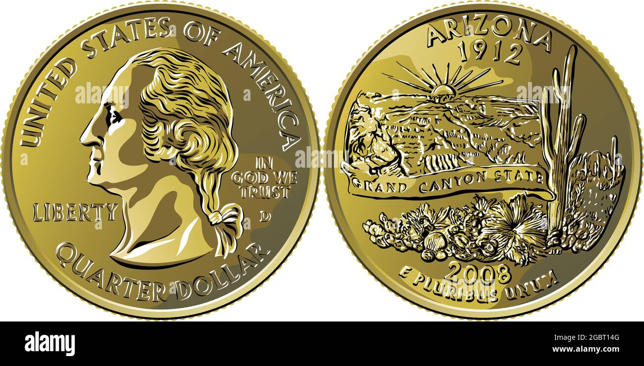Amerikanisches Geld, USA Washington Vierteldollar Arizona oder  25-Cent-Silbermnze, George Washington auf der Vorderseite, Grand Canyon,  saguaro-Kaktus auf der Rckseite Stock-Vektorgrafik - Alamy