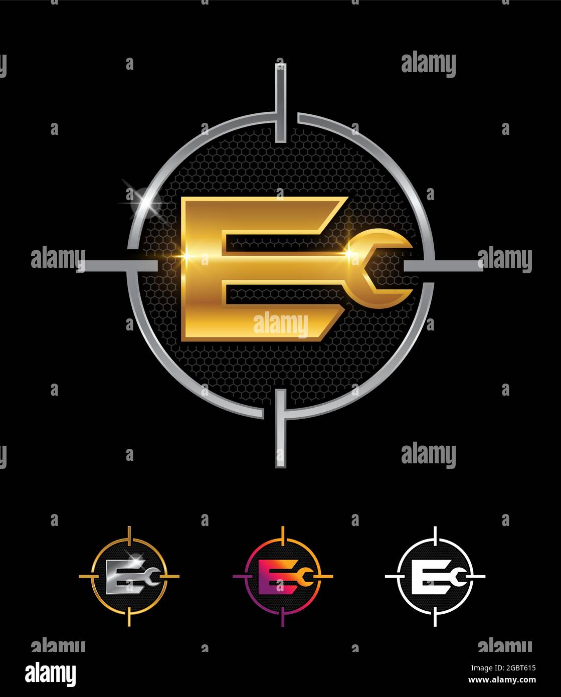 Ein Vektor-Illustration-Set mit goldenem mechanischem Logo Anfangsbuchstabe E Stock Vektor