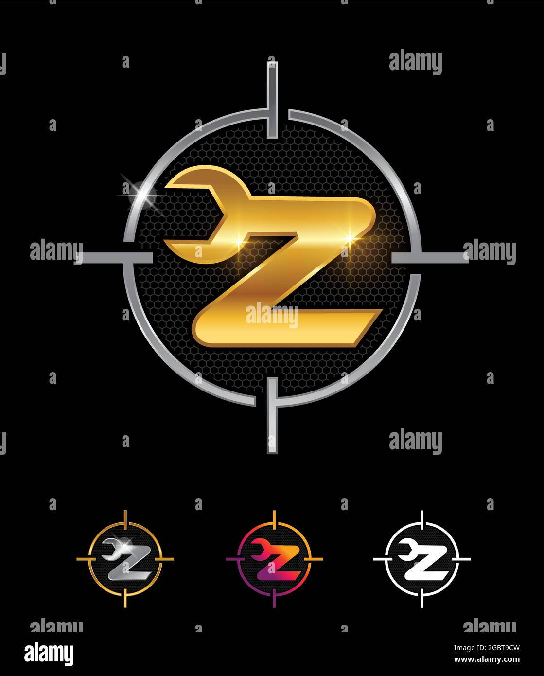 Ein Vektor-Illustrationssatz aus goldenem mechanischem Monogramm Logo mit dem Buchstaben Z Stock Vektor