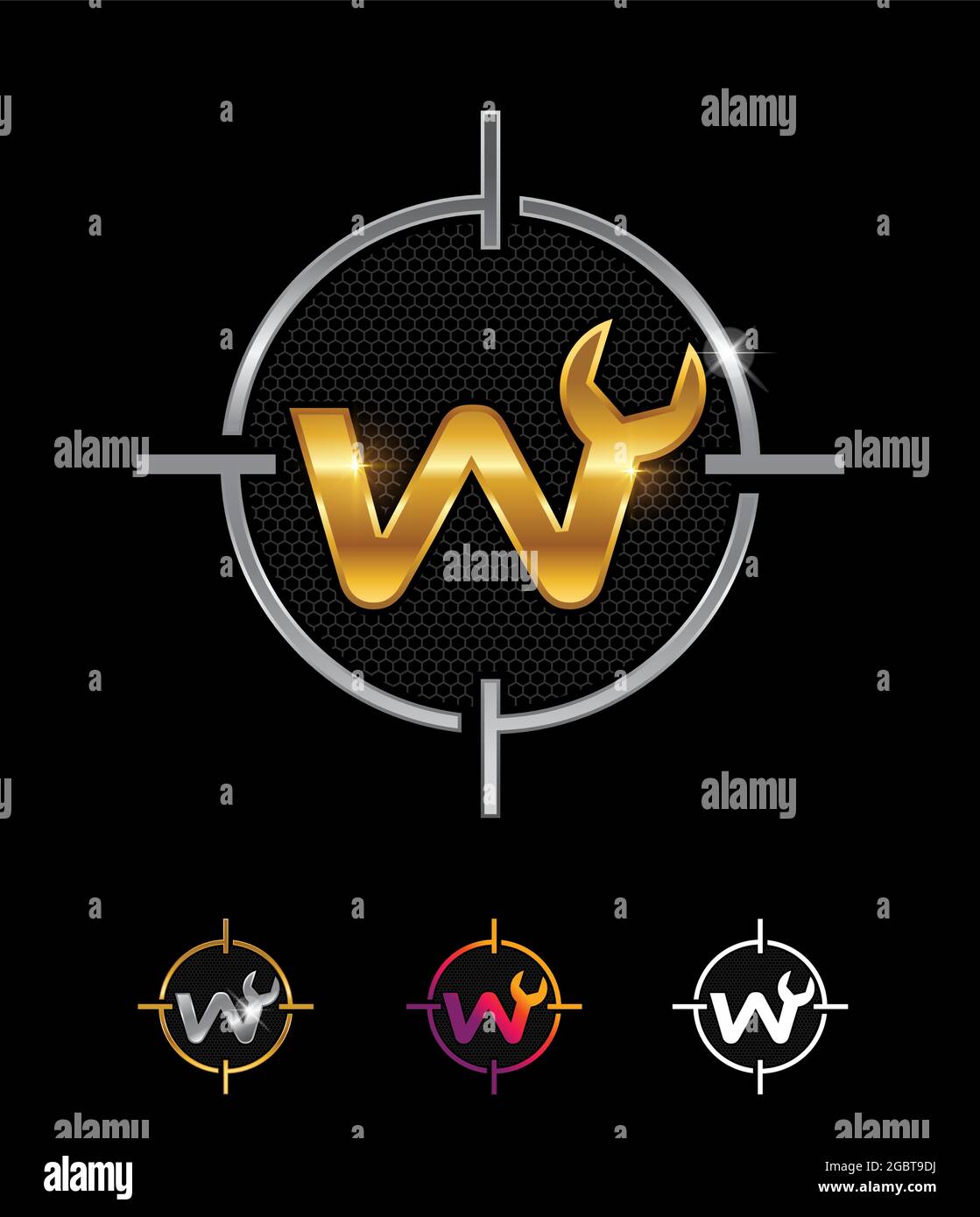 Ein Vektor-Illustrationssatz aus goldenem mechanischem Monogramm Logo mit dem Buchstaben W Stock Vektor